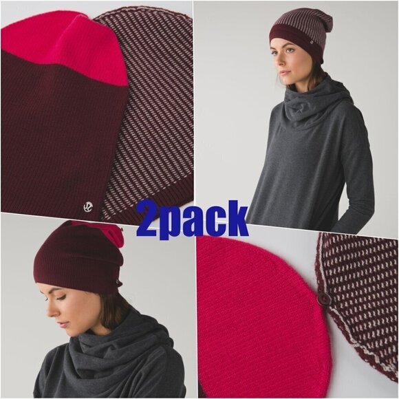 RARE Lululemon 2pack Merino Wool Bordeaux Purple Pink Beanie Hat NWOT - Picture 1 of 15